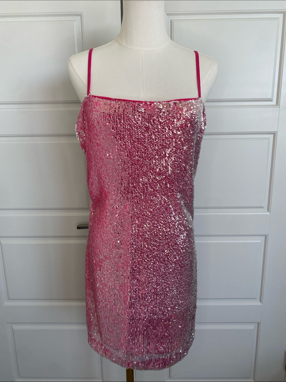 12th Tribe Pink Silver Sequin Mini Dress Large Spaghetti Strap Party Cocktail